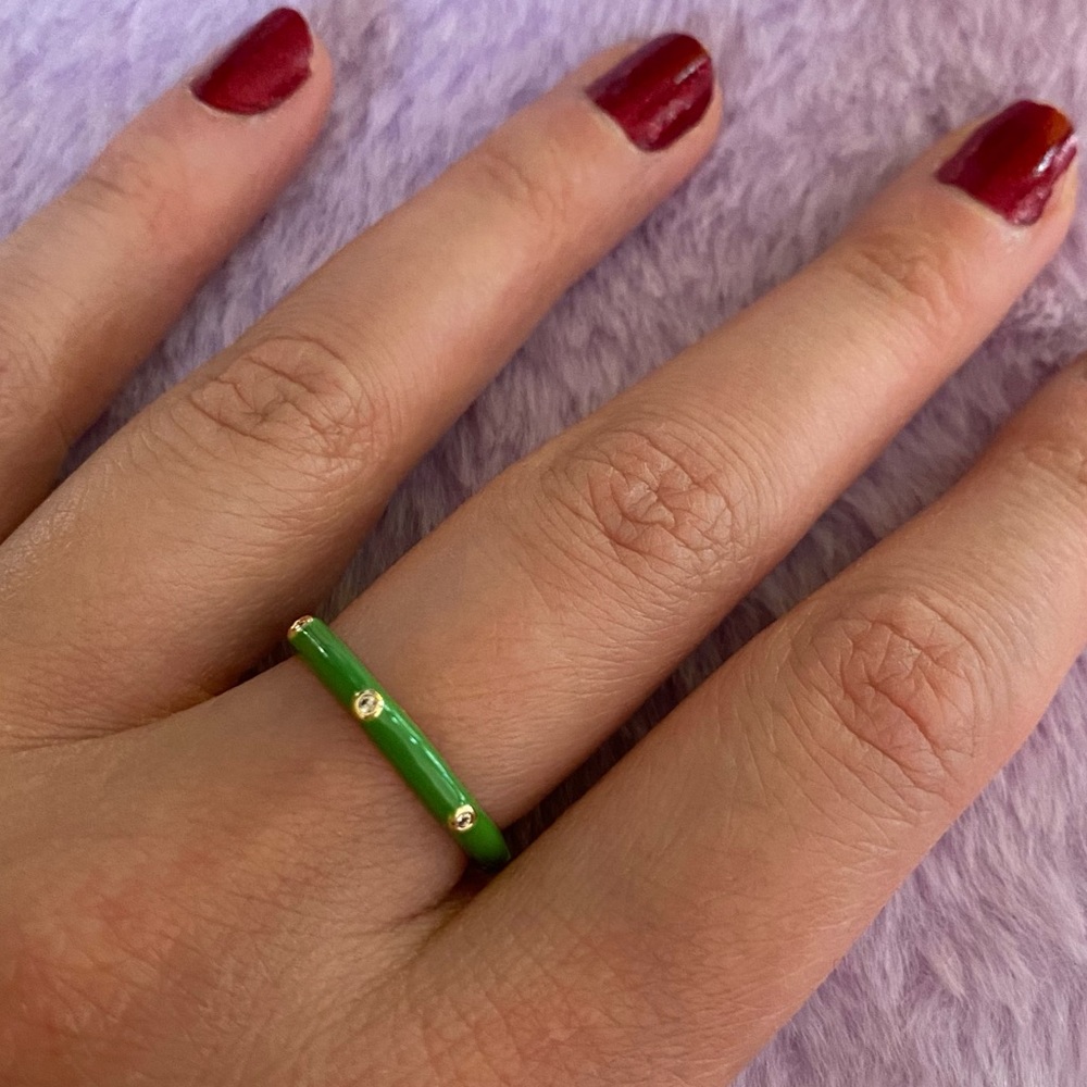 Green Enamel Skinny Ring on Gold Tone Band